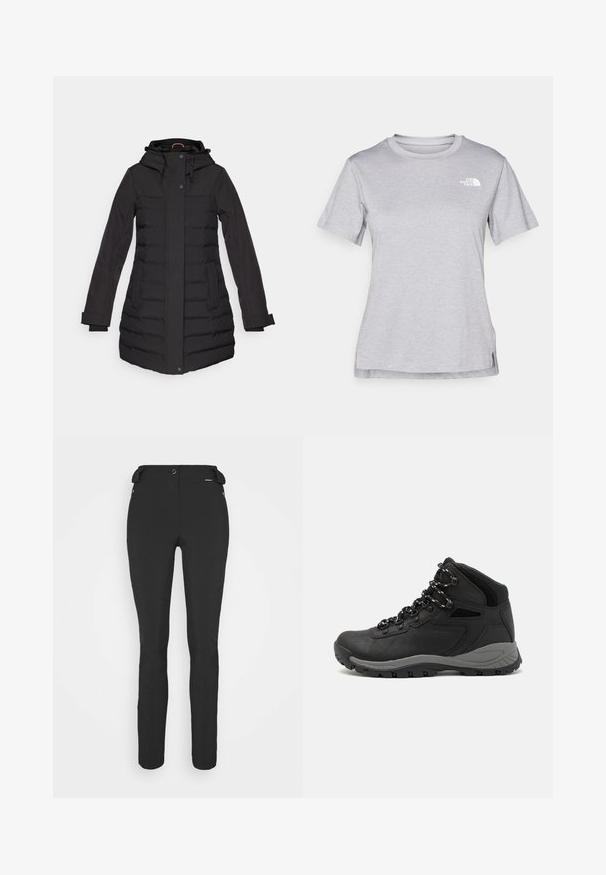 Black puffer coat with a hood, zip and button closure, side pockets, ribbed accents, and long sleeves, designed for warmth.; Grey short-sleeve t-shirt made of soft, moisture-wicking fabric. Features a crew neck and a small white logo on the upper left.; Black, fitted pants made from a flexible material. Features include a zippered side pocket, articulated knees, and a smooth texture.; Black hiking boot with a mid-top design, featuring a textured upper, gray accents, and durable rubber sole with traction lugs.