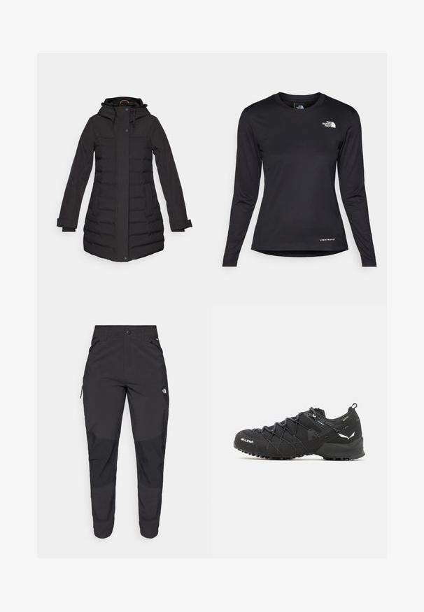 Cappotto imbottito nero con cappuccio, chiusura con zip e bottoni, tasche laterali, accenti a costine e maniche lunghe, progettato per il calore.; The North Face SHADOW LONG SLEEVE - Maglietta a manica lunga - black; Pantaloni neri da esterno realizzati in tessuto durevole. Presentano tasche con zip, pannelli rinforzati sulle ginocchia e un design a taglio dritto per la massima mobilità.; Scarpe da trekking nere con tomaia in tessuto testurizzato, sistema di allacciatura e suola in gomma robusta. Accentuate da dettagli riflettenti e loghi.