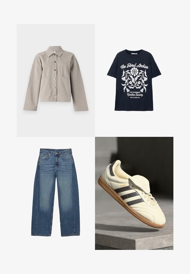 Črtasta srajčna jakna v bež in krem barvi, z razširjenim ovratnikom, dvema sprednjima žepoma in skrajšanim dizajnom s sproščenim krojem.; Mornarica kratka majica s kratkimi rokavi z belim cvetličnim grafičnim motivom in napisom "Cvetlični arhiv," "Društvo Evermist Garden" in "Wild Flora Co."; Široke modre kavbojke iz denima, s klasičnim pet-pocket dizajnom, s patečim pranjem in tonom šivanja.; Kremne usnjene superge s tremi temnimi črtami, rjavim gumjastim podplatom in zaobljenim nosom. Imajo zložljiv jezik z oznako "SAMBA."