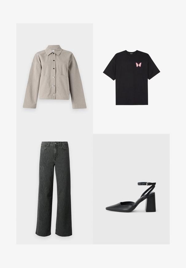 Striped button-up jacket in beige and cream, featuring a spread collar, two front pockets, and a cropped design with a relaxed fit.; Black cotton t-shirt with short sleeves, featuring a small pink butterfly graphic on the left chest. Crew neck design with a relaxed fit.; Wide-leg jeans in dark gray denim, featuring a subtle zebra-pattern texture, contrast stitching, and five-pocket design with a button fly.; Black leather pointy-toe pump with an ankle strap and a chunky heel. Flat texture, sleek design, and minimalistic aesthetics.