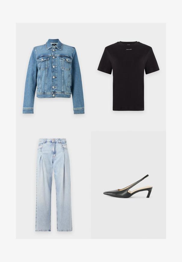 Veste en denim bleu à coupe classique, avec deux poches poitrine, un devant boutonné et un ourlet légèrement court. Tissu texturé avec des détails de couture.; T-shirt noir en coton à manches courtes, col rond, avec un petit logo blanc "Calvin Klein" sur la poitrine. Texture lisse, coupe classique.; Jeans en denim bleu clair avec taille haute, coupe large, deux poches latérales et design plissé. Texture douce avec une finition décolorée.; Slingback noir à bout pointu avec un petit talon, en cuir lisse et doté d'un design découpé sur le côté pour plus de respirabilité.