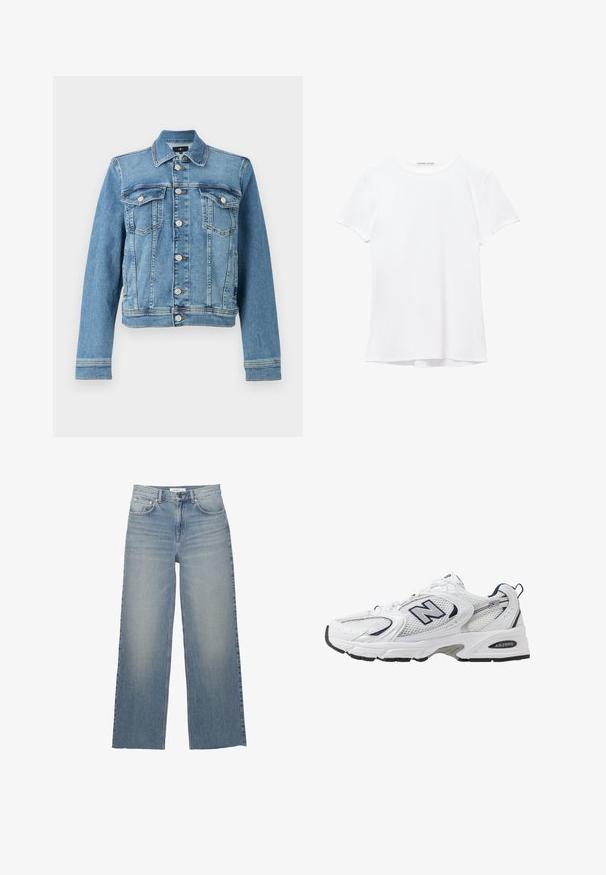 Blå denimjakke med klassisk snit, der har to brystlommer, knaplukning foran og en let cropped kant. Tekstureret stof med syninger.; Hvid kortærmet t-shirt lavet af glat stof, med rund halsudskæring og diskrete syninger ved kanten.; Lyseblå brede jeans lavet af denim, med høj talje, frontlommer og knaplukning. Glat tekstur med slidte områder.; Hvide sportsko med netoverdel, marineblå detaljer og polstret sål. Har "N" logo, snørebånd og struktureret detalje på siden.