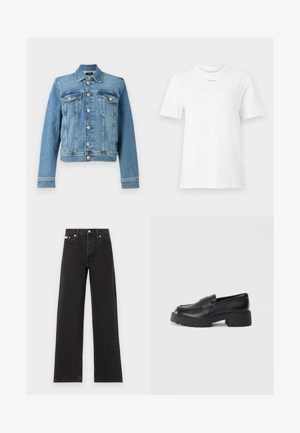 Sininen farkkutakki perinteisellä leikkauksella, jossa on kaksi rintataskua, napitettava etuosa ja hieman lyhyt helma. Kankaan pinta on tekstuuroitu ja siinä on ompeluyksityiskohtia.; Valkoinen puuvillainen t-paita, jossa on pyöreä kaula-aukko, lyhyet hihat ja pieni musta "Calvin Klein" -logo rinnassa. Yksinkertainen muotoilu, ilman kuvioita.; Mustat leveälahkeiset farkut, jotka on valmistettu denimistä, korkeavyötäröinen malli, viisi taskua, metallinappi sulkemiseen ja kontrastivärinen ompelu.; Musta nahkakengät loaferit, joissa on teksturoitu pinta, ja joissa on suorakulmainen nauha vampin yli sekä paksu, uritettuakun muotoilu.