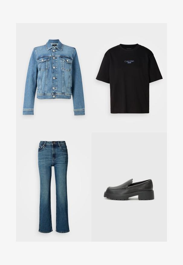 Modra jeans jakna s klasičnim krojem, ki ima dve žepki na prsih, gumbe na sprednji strani in nekoliko skrajšan rob. Teksturirana tkanina s podrobnostmi šivanja.; Črna bombažna majica s krožnim izrezom, kratkimi rokavi in modrim vezenim logotipom "Calvin Klein JEANS" na sprednji strani.; Visoko pasne modre jeans hlače iz denima, s straight leg dizajnom, rahlim bledenjem in standardnim gumbom ter zadrgo.; Črne usnjene loafers čevlje z zaobljenim nosom, debelim teksturiranim podplatom in minimalnimi šivi. Elegantna zasnova brez vidnih vezalk ali kovinskih delov.