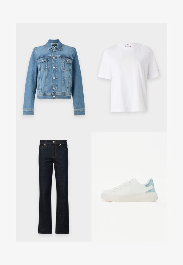 Blå denimjakke med klassisk snitt, som har to brystlommer, knappestolpe foran og en litt cropped søm. Strukturert stoff med sømdetaljer.; Hvit bomulls T-skjorte med rund hals, korte ermer og subtilt gult logodesign som leser "HILFIGER NEW YORK 1985." Standard passform.; Mørkeblå, utsvingte jeans laget av denim, med midjehøyde, fem-lomme design og kontrastfargede oransje sting langs sømmene.; Hvit sneakers med en glatt lærfinish, som har en lys blå glanset detalj på hælen og en kraftig hvit såle.