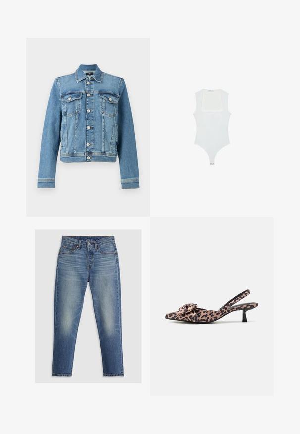 Modra jeans jakna s klasičnim krojem, ki ima dve žepki na prsih, gumbe na sprednji strani in nekoliko skrajšan rob. Teksturirana tkanina s podrobnostmi šivanja.; Bela bodisu s kvadratnim izrezom, brezrokavni dizajn, gladka tekstura in zapiranje na dnu s pritisnim gumbom. Preprost in minimalističen slog.; Svetlo modri traper kavbojki s ravnim krojem, petimi žepi, gumbom za zapiranje in subtilnim blenjem na stegnu. Vidna kontrastna šiv.; Slingback čeveljci s koničastim nosom v materialu z leopardjim vzorcem, z nagubanjem na vrhu, ki imajo nizek črn peti in gladko teksturo.