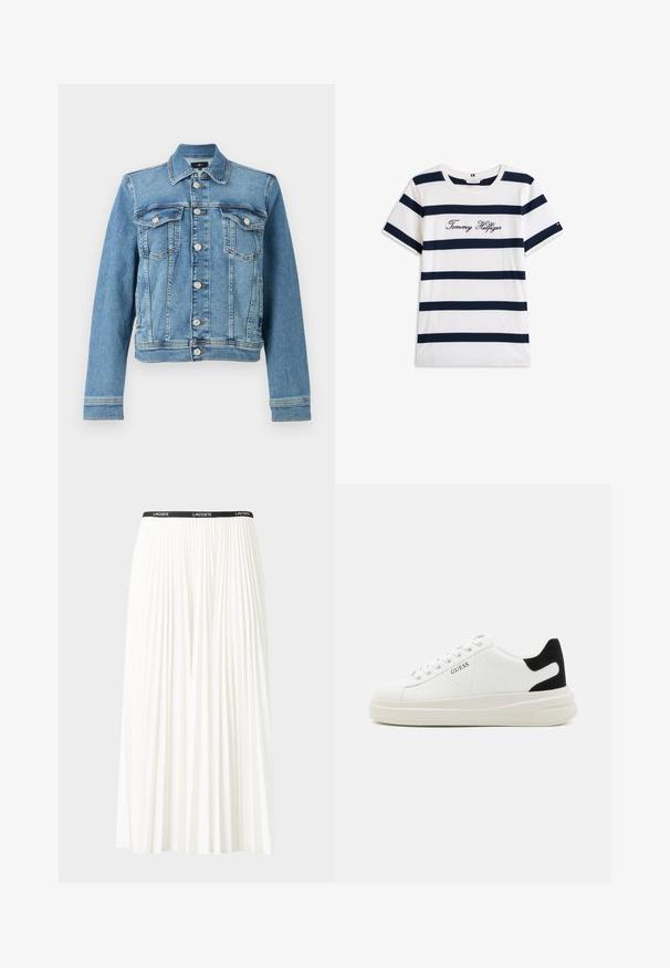 Blå denimjakke med klassisk snitt, som har to brystlommer, knappestolpe foran og en litt cropped søm. Strukturert stoff med sømdetaljer.; Koftet laget av bomull har horisontale marineblå striper på hvit bakgrunn. "Tommy Hilfiger" brodert i kursiv på brystet. Rund hals.; Plissert hvit skjørt med en svart elastisk midje som har "LACOSTE"-logoen. Midjelengde design med myk tekstur.; Hvite lær sneakers med tykk hvit såle, svart semsket hælforsterkning og preget logo på siden. Snøresystem med seks hull.