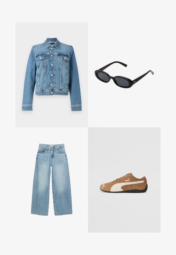 Blue denim jacket with a classic cut, featuring two chest pockets, a buttoned front, and a slightly cropped hem. Textured fabric with stitching details.; Plain white short-sleeve crew neck t-shirt with a slim fit, displayed flat against a white background.; Light blue wide-leg jeans with a high waist, two front pockets, a zipper fly, and a fabric tie closure at the waist. Classic denim texture.; Brown suede low-top sneaker with cream accents, textured surface, black rubber sole, and embroidered logo on the side and tongue.; Black oversized sunglasses with oval lenses, smooth plastic frame, and gold accents on temple. Dark lenses provide sun protection.