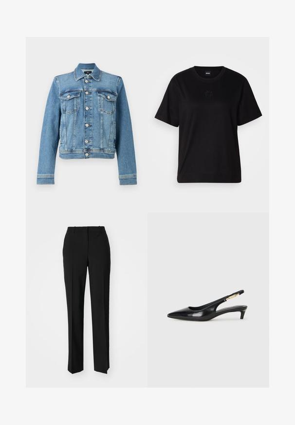Veste en denim bleu à coupe classique, avec deux poches poitrine, un devant boutonné et un ourlet légèrement court. Tissu texturé avec des détails de couture.; T-shirt en coton noir avec un col rond, des manches courtes et un logo brodé sur la poitrine. Coupe simple et décontractée sans motifs.; Pantalon noir ajusté avec une coupe droite, présentant une texture lisse et des plis nets sur le devant. Aucune quincaillerie visible.; Talons hauts en cuir noir avec un bout pointu, dotés d'un talon fin et d'un accent en ton or sur la lanière réglable. Texture lisse.