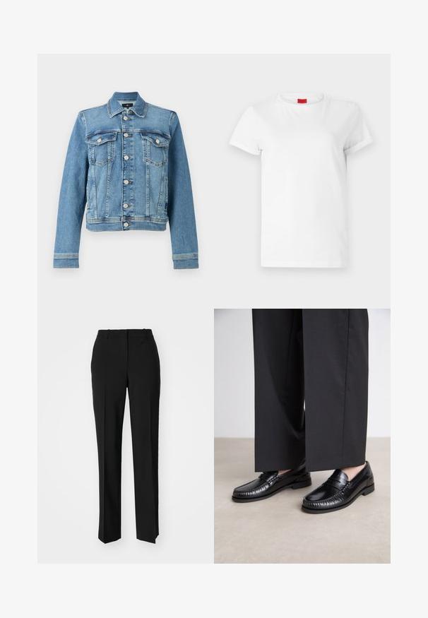 Giacca in denim blu con taglio classico, dotata di due taschini sul petto, chiusura con bottoni e orlo leggermente accorciato. Tessuto testurizzato con dettagli di cucitura.; T-shirt bianco a maniche corte realizzato in cotone leggero. Presenta un collo rotondo e maniche arrotolate. Etichetta rossa con logo sul colletto.; Pantaloni neri su misura con un design a gamba dritta, caratterizzati da una texture liscia e pieghe ben definite sul davanti. Senza hardware visibile.; Mocassini in pelle nera con una finitura liscia, dettagli cuciti attorno alla punta e suola in gomma bassa. Abbinati a pantaloni neri larghi.