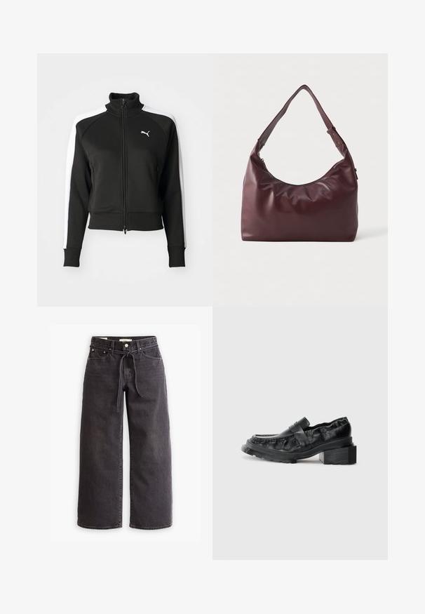 Zwarte zip-up jas met hoge kraag, voorzien van witte zijpanelen en een klein wit logo op de borst. Geribde manchetten en onderrand.; Zwarte langemouwen turtleneck shirt gemaakt van gladde stof; aansluitend ontwerp met een hoge kraag en geen zichtbare naden. Eenvoudige, effen kleur.; Zwarte wijde denim jeans met een trekkoord in de taille, vijf zakken en contrasterende stiksels. Platte voorkant.; Zwarte leren instappers met een gestructureerde zool, voorzien van een iets verhoogde blokhak en een textuur bovenkant, bevestigd met een voorkantriem.; Vloeiend burdeos leren schoudertas met verstelbare schouderriem en ritsluiting, weergegeven tegen een simpele witte achtergrond.; Set van twaalf creolen in zilver- en goudernormen. Bevat gedraaide, gladde en textuurontwerpen in verschillende maten en afwerkingen.