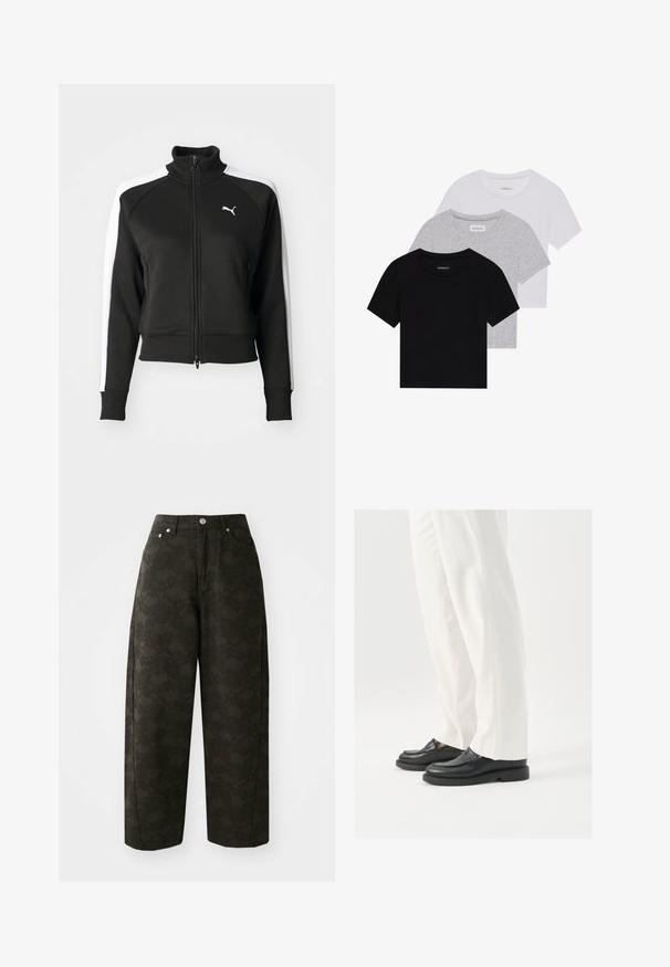 Schwarze Zip-Jacke mit hohem Kragen, ausgestattet mit weißen Seitenpaneelen und einem kleinen weißen Logo auf der Brust. Rippbündchen und Saum.; Set aus drei kurzärmeligen T-Shirts in Schwarz, Grau und Weiß. Hergestellt aus Baumwolle, mit Rundhalsausschnitt und einem einfachen, einfarbigen Design.; Dunkelgrüne weit geschnittene Hosen verfügen über ein strukturiertes Blumenmuster, ein Fünf-Taschen-Design und Metallknopfverschlüsse an der Taille.; Schwarze Lederloafers mit glatter Textur, mit Stichdetails und runder Zehenform, kombiniert mit weißen maßgeschneiderten Hosen.