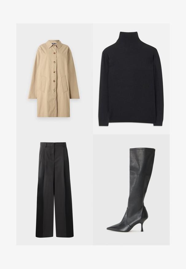 Manteau en coton beige avec un col, fermeture à six boutons, deux poches avant et une silhouette décontractée. Texture lisse avec un minimum de détails.; Pull à col roulé noir en tissu doux. Il dispose de manches longues, d'un col montant et de bords côtelés pour un look cintré.; Pantalon large noir avec une taille haute, doté de plis avant, d'une texture lisse et d'une finition ajustée. Conçu pour un ajustement décontracté.; Bottes en cuir noir arrivant jusqu'aux genoux avec un bout pointu et un talon aiguille fin. Texture lisse avec un design ajusté et des coutures au bord supérieur.