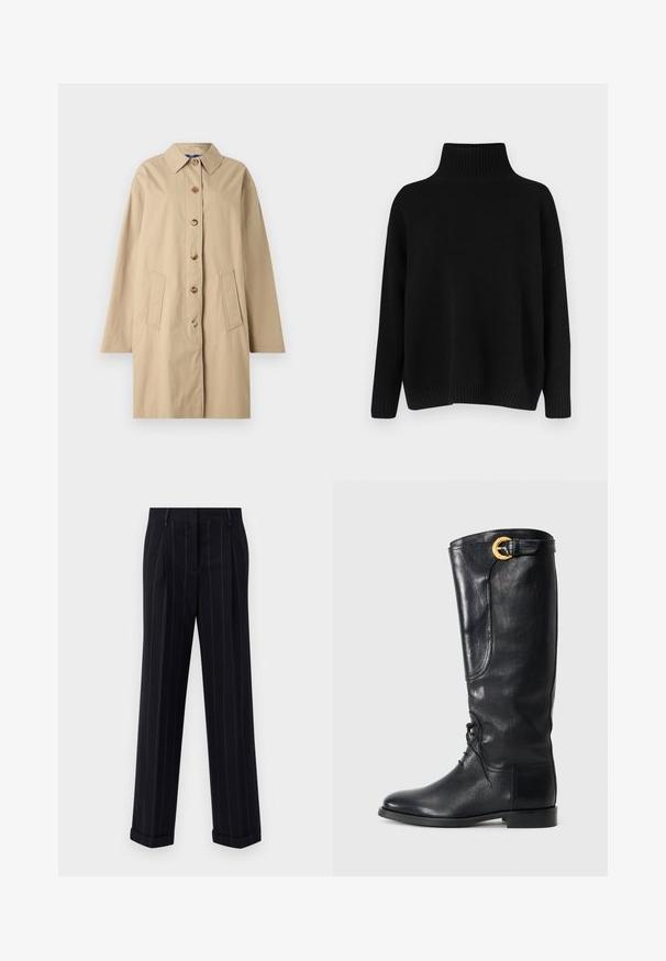 Beige bomuldsfrakke med krave, seks knaplukninger, to frontlommer og en løs silhuet. Glat tekstur med minimal detaljering.; Sort strikket sweater med høj ribstrikket krave, sænkede skuldre og en afslappet pasform. Har ribstrikkede manchetter og kant for struktur.; Sorte pinstripede bukser med en skræddersyet pasform, der har en manchetkant og frontfolder. Lavet af glat stof med et struktureret design.; Sort læder knæhøj støvle med rund tå, snørebånd foran, sidelænde detaljer og en guld spændeaccents øverst. Glat tekstur.