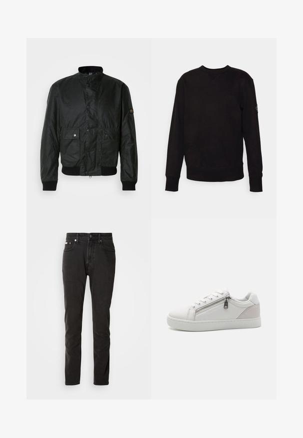 Černá bomber bunda vyrobená z texturované látky s vysokým límcem, předními patentkami, dvěma předními kapsami a ribovanými manžetami.; Černá mikina s kulatým výstřihem vyrobená z bavlny. Má žebrované manžety a lem, s malou nášivkou loga na levém rukávu. Hladký, rovný povrch.; Černé džíny z denimové látky se středním střihem, pěti kapsami, zapínáním na knoflík a jemnými kontrastními švy.; Bílé tenisky vyrobené z hladké kožené materiálu, s kontrastním béžovým semišovým akcentem na patě a detailem zipu na boku.