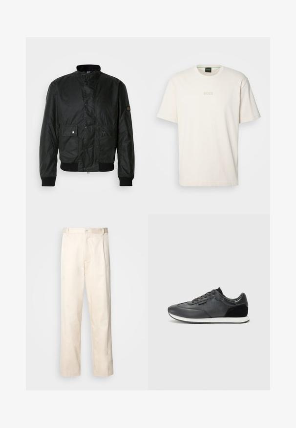 Czarna kurtka bombowiec wykonana z teksturowanej tkaniny, z wysokim kołnierzem, z przodu zapinana na napy, z dwoma przednimi kieszeniami i ściągaczami przy mankietach.; BOSS - T-shirt basic; Beżowe bawełniane spodnie o prostym kroju nogawki, z zapięciem na guziki i plisami z przodu dla dodatkowego zdobienia.; Czarne sportowe sneakersy z cholewką ze skóry z perforowanymi detalami, zamszowymi akcentami i białą gumową podeszwą. Klasyczny sznurowany design.