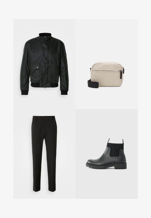 Jaqueta bomber preta feita de tecido texturizado, com colarinho alto, botões de pressão na frente, dois bolsos frontais e punhos canelados.; Polo preto feito de algodão, com ligeira elasticidade, com colarinho e acabamento das mangas brancos, e um pequeno logotipo no peito.; Calças pretas feitas de tecido liso, com pernas retas, fecho com botão e um design clássico adequado para vestuário formal ou casual.; Botas de tornozelo pretas feitas de borracha com um acabamento mate, apresentando um design elegante, painéis elásticos e uma sola grossa para tração.; Bolsa crossbody em cor creme feita de corduroy, com um fecho de correr preto, alça removível e padrão texturizado. Apresenta um compartimento principal e um bolso na frente.