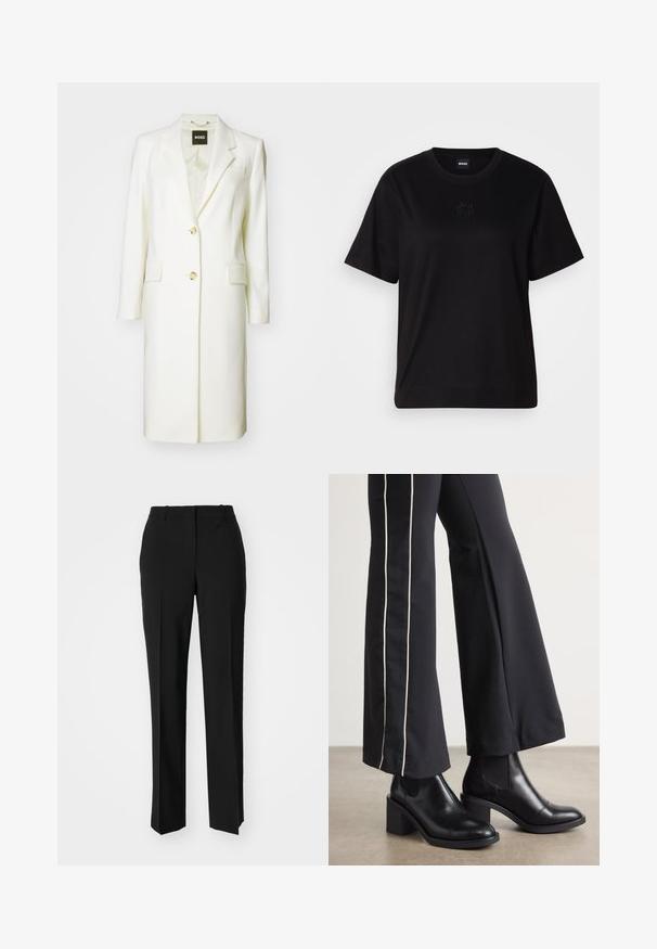 BOSS CATARA - Cappotto classico - open white; Maglietta in cotone nera con scollatura tonda, maniche corte e logo ricamato sul petto. Design semplice e vestibilità rilassata senza motivi.; Pantaloni neri su misura con un design a gamba dritta, caratterizzati da una texture liscia e pieghe ben definite sul davanti. Senza hardware visibile.; Stivaletti in pelle nera con tacco a blocco, dotati di pannelli elastici sui lati. Abbinati a pantaloni neri con una striscia bianca laterale.
