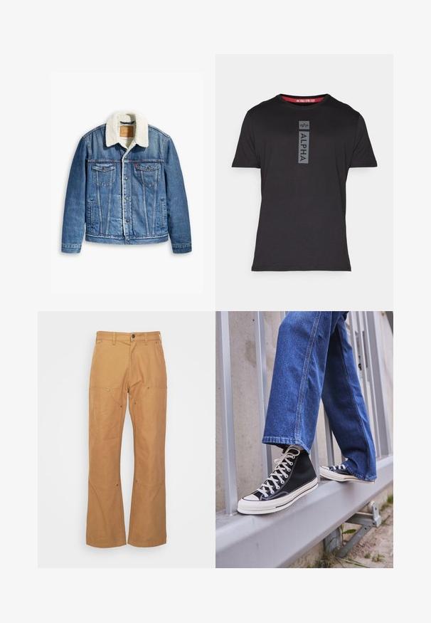 Džínová bunda světle modré barvy, límec podšitý beránkem, dvě náprsní kapsy, zapínání na knoflíky a kontrastní prošívání.; Černé tričko s krátkým rukávem vyrobené z hladkého materiálu, na přední straně s vertikálním logem "ALPHA" v šedé barvě a červeným akcentem na výstřihu.; Tan cargo kalhoty vyrobené z odolné látky, s bočními kapsami, kovovými prvky, rovnými nohavicemi a standardním pasem.; Černé vysoké tenisky s bílou podrážkou a tkaničkami, v kombinaci s volnými modrými džíny, odpočívající na šedém zábradlí.