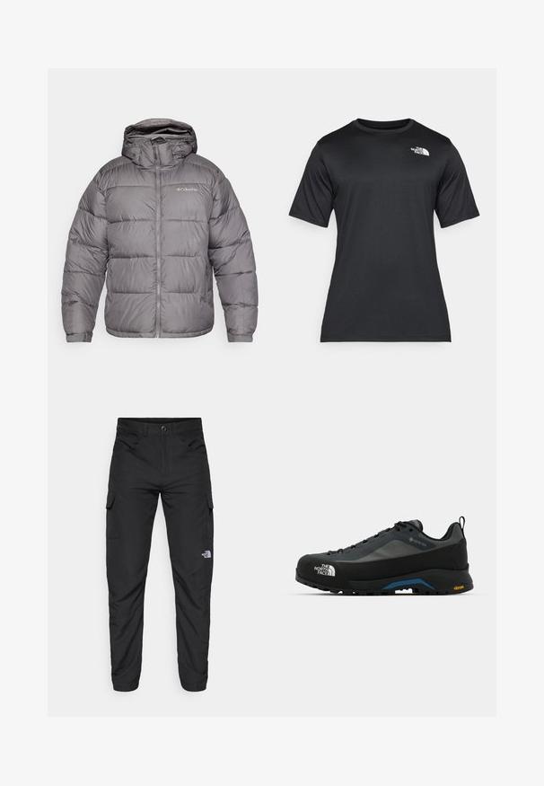 Γκρι πνευματικό μπουφάν με κουκούλα, περιλαμβάνοντας μπροστινό φερμουάρ και πλαϊνές τσέπες. Το ύφασμα είναι λείο με ραφή καπιτονέ και μαλακή επένδυση.; Μαύρη κοντομάνικη μπλούζα φτιαγμένη από ελαφρύ, υφασμάτινο αντιακατακλυσματικό ύφασμα. Διαθέτει λευκό λογότυπο στο αριστερό στήθος και κλειστό λαιμό.; The North Face HORIZON PANT - Παντελόνι εξωτερικού χώρου - black; The North Face VERTO ALPINE GORE TEX - Παπούτσια πεζοπορίας - asphalt grey/tnf black