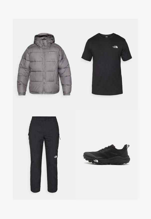 Grå puffjakke med hette, med glidelås foran og sidelommer. Tøyet er glatt med en quiltet mønster og myk fôr.; Svart kortermet t-skjorte laget av bomull, med rund hals og en liten hvit logo på øvre venstre brystområde.; The North Face WINTER EXPLORATION TAPERED CARGO - Friluftsbukser - black; Svart terrengløpesko med teksturert overdel, gummisåle og forsterket tåhette. Har polstret krage og løftestropp for enkel påkledning.