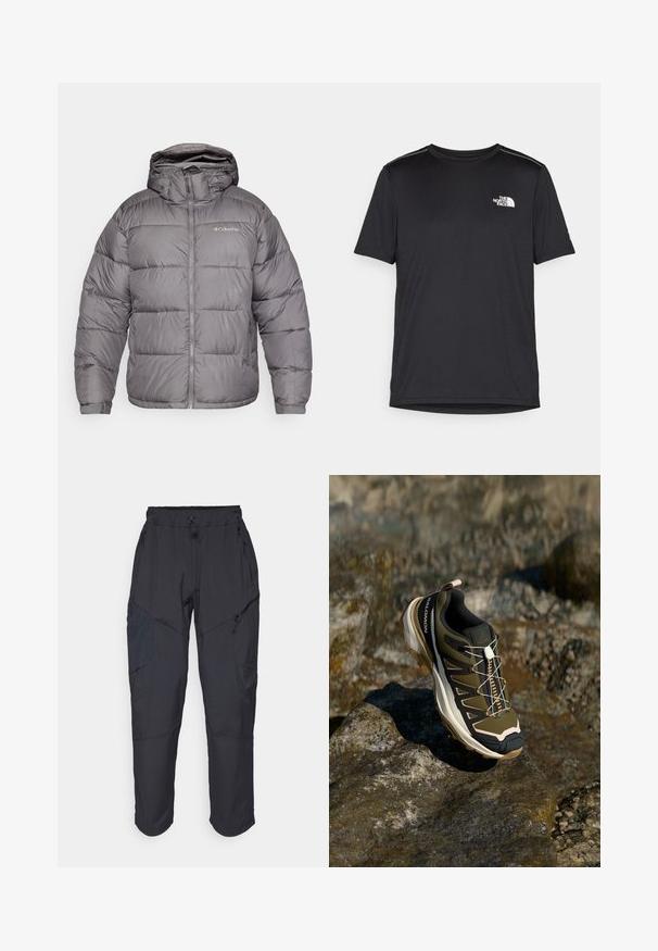 Siva puffer jakna s kapuljačom, s prednjim patentnim zatvaračem i bočnim džepovima. Tkanina je glatka s ušivenim uzorkom i mekim podstavom.; Crna majica kratkih rukava izrađena od lagane tkanine. Ima mali bijeli logo na lijevoj strani grudi i suptilne naglaske na ramenima.; Crne cargo hlače izrađene od laganog, vodootpornog materijala; imaju elastičnu utakmicu u struku, više munje na džepovima i sužene nogavice.; Planinarska obuća u maslinasto zelenoj i crnoj boji s ružičastim akcentima. Ima teksturirani gornji dio, fleksibilnu podlogu, ojačan vrh i šareni sustav vezanja.