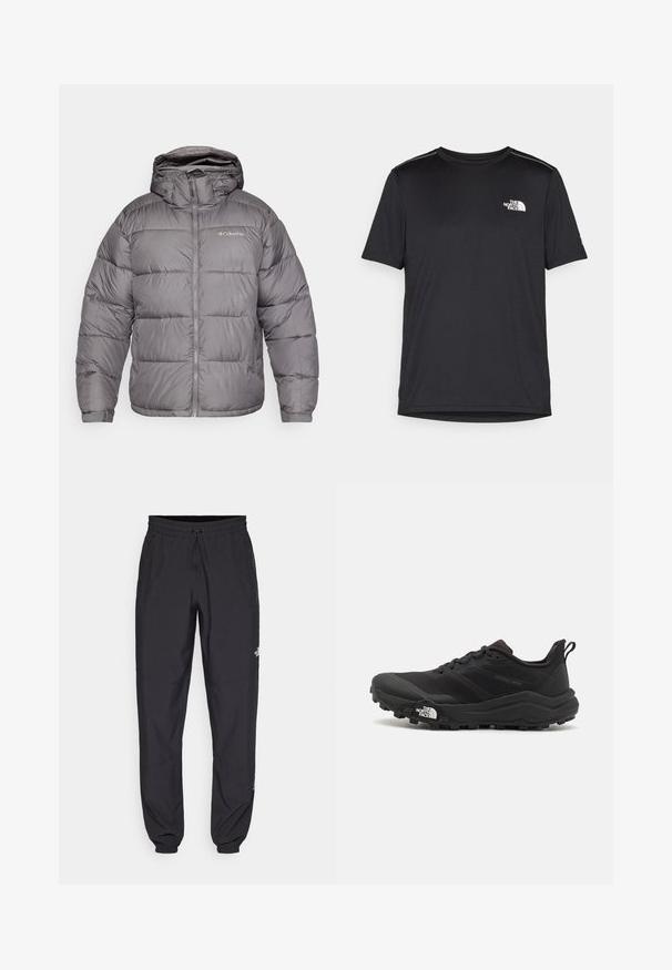 Grå puffjakke med hette, med glidelås foran og sidelommer. Tøyet er glatt med en quiltet mønster og myk fôr.; Svart kortermet T-skjorte laget av lett materiale. Har en liten hvit logo på venstre bryst og subtile skulderdetaljer.; Sorte idrettsbukser laget av lett stoff, med snor i livet, sidelommer og smale mansjetter ved anklene.; Svart terrengløpesko med teksturert overdel, gummisåle og forsterket tåhette. Har polstret krage og løftestropp for enkel påkledning.