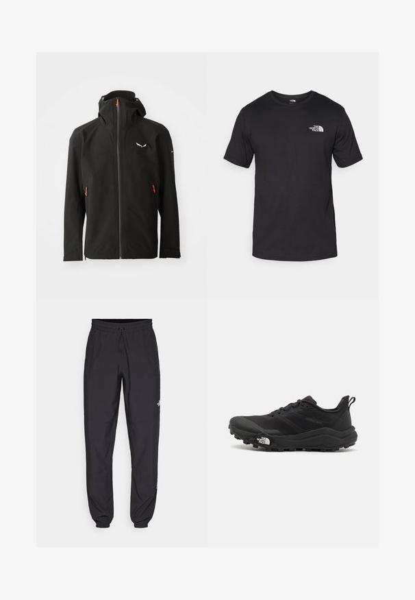 Chaqueta impermeable negra con cremallera completa, capucha ajustable y detalles en color naranja. Presenta un logo en el pecho y bolsillos laterales con cremallera.; Camiseta negra de manga corta, hecha de algodón, con un cuello redondo y un pequeño logo blanco en la parte superior izquierda del pecho.; Pantalones deportivos negros hechos de un tejido ligero, con una cinturilla ajustable, bolsillos laterales y puños ajustados en los tobillos.; Zapatilla de trail running negra con upper texturizado, suela de goma y puntera reforzada. Presenta un collar acolchado y una lengüeta para poner y quitar fácilmente.