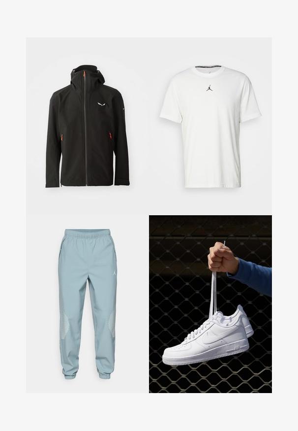 Svart vattentät jacka med heldragkedja, justerbar huva och orange detaljer. Har en logo på bröstet samt sidofickor med dragkedja.; Vitt kortärmad T-shirt i bomull, med en svart Jumpman-logotyp på bröstet och rund halsringning med en svart inre etikett.; Ljust blå träningsbyxor med elastisk midja, sidofickor och reflekterande prickiga detaljer på de nedre benen.; Vita lädersneakers med perforeringar, rund tå, platt sula och tjocka snörning, med en synlig swoosh-logga och "AIR" på hälen.