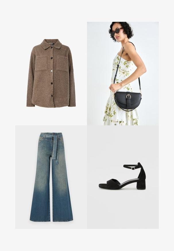 Brown, fuzzy fleece jacket with a collar, two chest pockets, and front button closure. Features textured surface and dark buttons.; Black turtleneck sweater made from soft material, featuring a relaxed fit, long sleeves, ribbed cuffs, and a smooth texture throughout.; Wide-leg denim trousers featuring a light to dark blue gradient, high waist, belt loops, and a matching fabric belt. Textured denim finish.; Black suede heeled sandals with a thin ankle strap, open toe design, and a modest block heel. Smooth texture and minimal accents.; Black leather handbag with a curved shape, detachable strap, and gold hardware. The bag features a flap with a buckle detail.