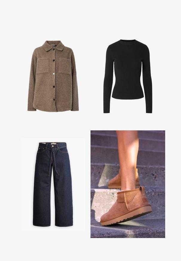 Ruda, pūkuota vilnonė striukė su apykakle, dviem krūtinės kišenėmis ir priekiniais užsegimais mygtukais. Turi tekstūruotą paviršių ir tamsius mygtukus.; Juodas ribotas ilgomis rankovėmis megztinis su apvalia iškirpte ir aptemptu siluetu, pasižymintis lygiu paviršiumi visame megztinyje.; Plačios kojų tamsiai mėlynos džinsinės kelnės su aukštu liemeniu, turinčios raištį, penkias kišenes ir kontrastingas siūles.; Samaniniai suknelės auliniai batai su minkšta tekstūra, siūlės detalėmis ir guminiu padu, su kilpiniu kulnu, kad būtų patogu užsivilkti.