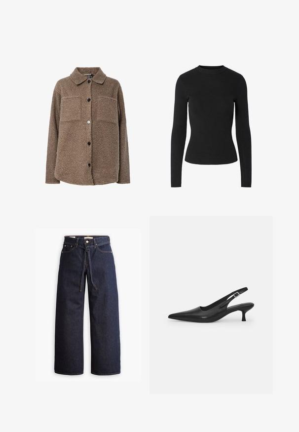 Brun, fluffy fleecejakke med krage, to brystlommer og frontlukking med knapper. Har teksturert overflate og mørke knapper.; Svart ribbestrikket genser med lange ermer, rund hals og tettsittende silhuett, med en jevn tekstur over hele plagget.; Viddeben mørkeblå denim jeans med høy midje, som har snøring, fem lommer og kontraststing.; Svart lær slingback sko med spiss tå og smal, buet hæl. Har en diskret justerbar rem med en metallspenne.