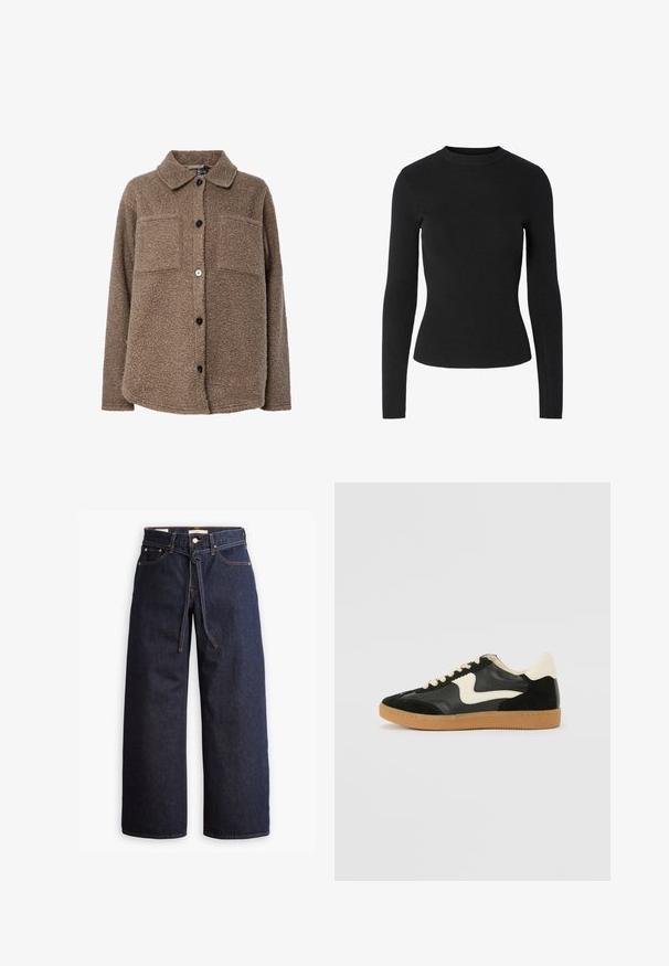 Barna, bolyhos fleece dzseki gallérral, két mellzsebbel és elülső gombos záródással. Texturált felülettel és sötét gombokkal rendelkezik.; Fekete bordázott hosszú ujjú pulóver kerek nyakkivágással és testhezálló szabással, melynek felülete sima tapintású.; Széles lábú, sötétkék farmernadrág magas derékkal, húzózsinórral, öt zsebbel és kontrasztos varrással.; Fekete velúr és bőr sneaker, krém színű oldalsó swoosh-sal és világos krém színű sarokkal. Beigézett fűzőkkel és gumi talppal rendelkezik.