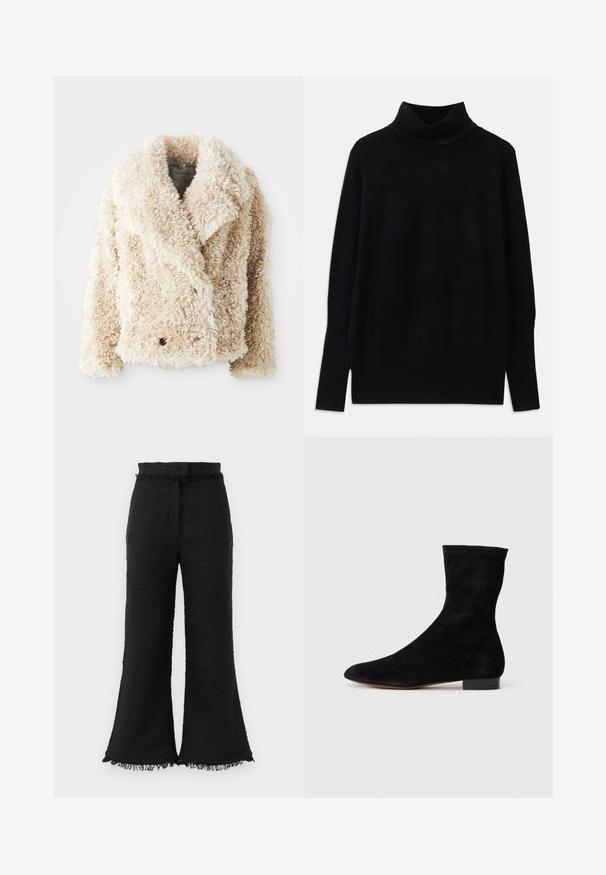 Cream-colored faux fur jacket with a deep V-neck, double-breasted button closure, and textured, fluffy surface. Features wide lapels.; Black turtleneck sweater made of soft fabric, featuring ribbed accents at the collar and cuffs, with a relaxed fit and side slits.; Black wide-leg pants with textured fabric, frayed hem, and elastic waistband. The design features a smooth finish and relaxed fit.; Black suede ankle boot with a fitted shaft, pointed toe, and a low block heel. Smooth texture and minimalistic design, suitable for versatile styling.