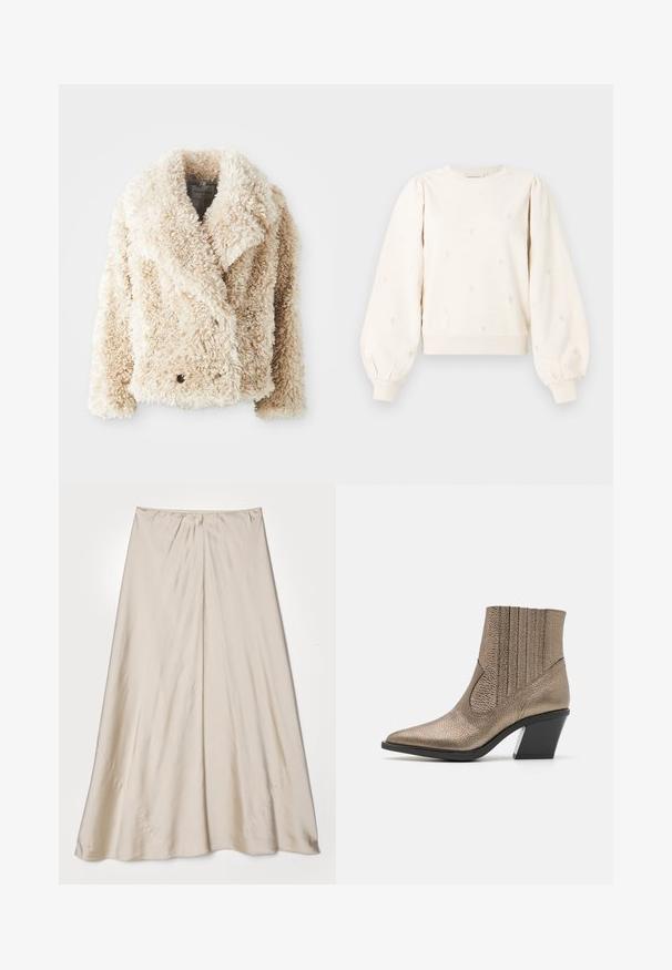 Cream-colored faux fur jacket with a deep V-neck, double-breasted button closure, and textured, fluffy surface. Features wide lapels.; Cream-colored sweatshirt with puffed sleeves, ribbed cuffs, and embroidered heart patterns throughout. Soft cotton fabric with a relaxed fit.; Beige, satin skirt with a flared silhouette. Features a gathered waistband and a subtle sheen, with angled seams and a flowy drape.; Metallic bronze ankle boot with a pointed toe, textured surface, vertical cutouts, and a block heel with a clear accent.