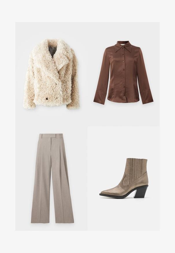 Cream-colored faux fur jacket with a deep V-neck, double-breasted button closure, and textured, fluffy surface. Features wide lapels.; Brown satin shirt with a classic collar, long sleeves, and front button closure. Notable for a smooth texture and tailored fit.; By Malene Birger BARIA - Trousers - grey brown melange; Metallic bronze ankle boot with a pointed toe, textured surface, vertical cutouts, and a block heel with a clear accent.