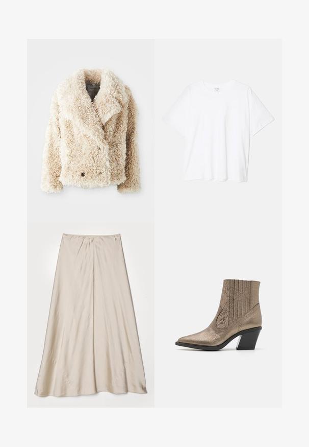 Giacca in pelliccia sintetica color crema con scollatura a V profonda, chiusura con bottoni doppi e superficie morbida e vellutata. Presenta ampi risvolti.; T-shirt bianco in cotone con maniche corte, scollo rotondo, vestibilità comoda e orlo cucito. Etichetta visibile all'interno del colletto.; Gonna beige in satin con silhouette svasata. Presenta una cintura arricciata e un sottile lucido, con cuciture oblique e un drappeggio fluido.; Stivale alla caviglia in bronzo metallico con punta a punta, superficie texture, tagli verticali e tacco a blocco con un accento trasparente.