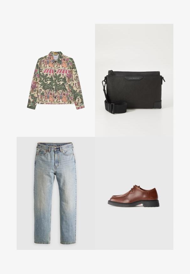 Beige nööpidega jakk keeruka mitmevärvilise printimisega, mis kujutab figure, taimi ja mustreid; omab klassikalist krae ja pikki varrukaid.; Burgundia pikkade varrukatega särk, mis on valmistatud puuvillast, varustatud nööbiga kaelusega, esise nööbistamisega ja väikese logoga rinnal.; Heledad hele sinine teksapükste kõrge vöökoht, ees nupuga, lukuga ja viie taskuga disain, asetatud tasasele neutraalsele taustale.; Pruun nahkne ülikonksutav king, millel on ümar nina, kontrastne õmblus, kingapaela disain ja tekstureeritud must kummisool.; Must muströöl tikuga must nahk crossbody kott, millel on tekstuuriga viimistlus, lukuga sulgemine ja reguleeritav rihm. Ees on logo silt. Ristkülikukujuline.