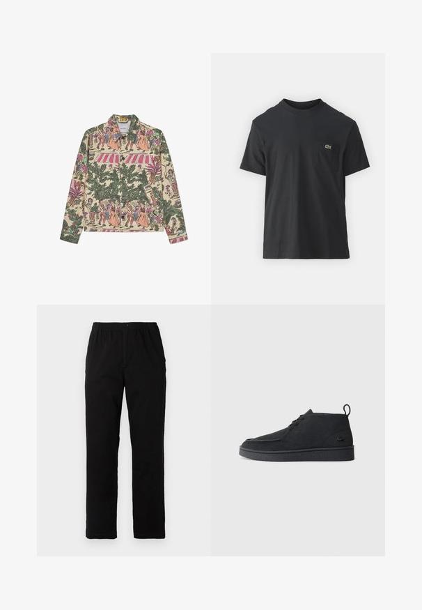 Beige nööpidega jakk keeruka mitmevärvilise printimisega, mis kujutab figure, taimi ja mustreid; omab klassikalist krae ja pikki varrukaid.; Must musta T-särk lühikeste varrukatega, ümmarguse kaelusega ja väikese rohelise logoga vasakus rinnataskus. Lihtne disain, regulaarne lõige.; Mustad mustreid, puuvillast segakanga valmistatud mustad püksid, mis on sirge lõikega, elastse vöökoht ja nööp, ilma nähtavate mustrite või aktsentideta.; Must värvi sametist nööbitavad ankle-kingad tõmbluku ja tekstureeritud tallaga, millel on külgedel väike reljeefne krokodillilogo.