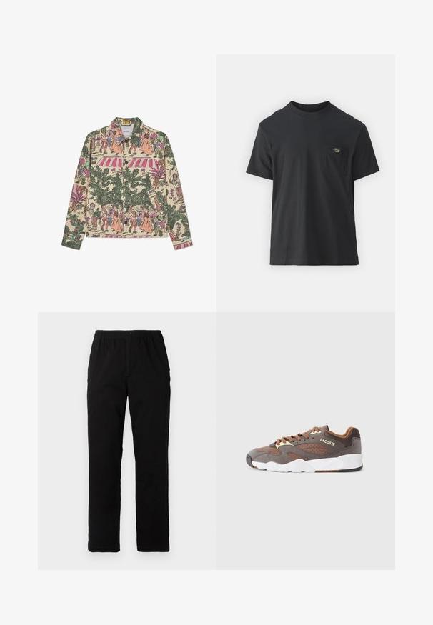 Casaco bege com botões, apresentando uma impressão multicolorida intrincada com figuras, plantas e padrões; possui colarinho clássico e mangas longas.; Camiseta de algodão preta com mangas curtas, decote redondo e um pequeno logo verde no bolso do peito esquerdo. Design simples, corte regular.; Calças pretas feitas de um tecido de algodão misto, com corte reto, cintura elástica com botão e sem padrões ou detalhes visíveis.; Sapatilhas Lacoste em cinza, com detalhes em castanho e camurça texturizada. Apresenta painéis perfurados, atacadores castanhos e uma sola em borracha branca.