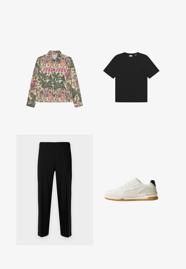 Beige knapparjacka med intrikata flerfärgade tryck som avbildar figurer, växter och mönster; har klassisk krage och långa ärmar.; Svart bomullströja med rund hals och korta ärmar. Har en subtil textlogo på framsidan. Mjuk textur och avslappnad passform.; Svarta byxor i slätt tyg, med rak skärning, två framfickor och dragkedja med knappstängning.; Vit sneaker med övre i slät läder och mocka, gummisula och subtila grå accenter. Har sex snörhål och en svart hälflik.