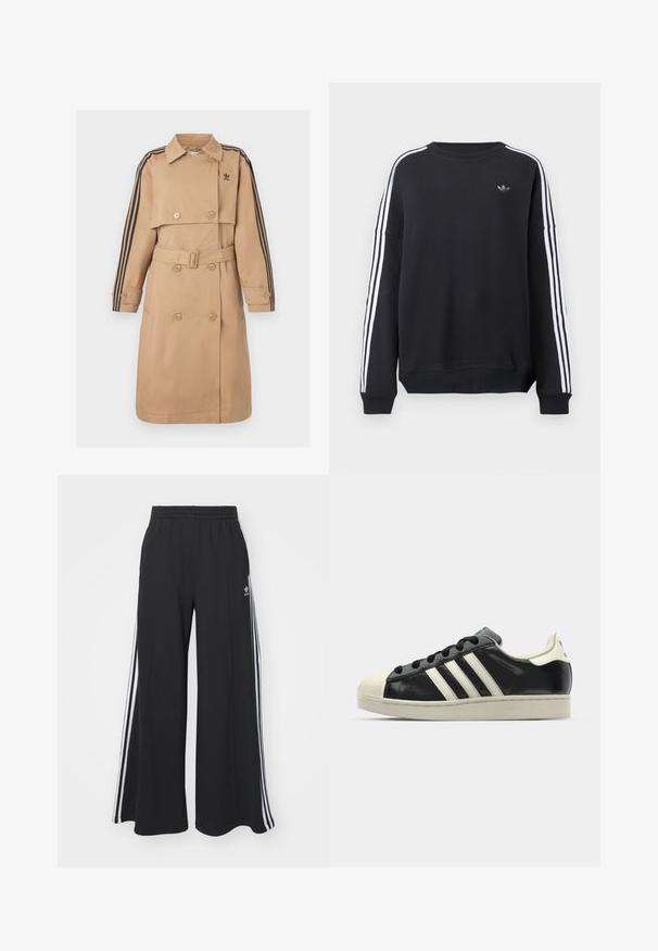 Beżowy trencz z podwójnym rzędem guzików, paskiem i czarnymi paskami na rękawach; posiada kołnierz i boczne kieszenie.; Czarna bluza z długimi rękawami, białe paski biegnące wzdłuż każdego ramienia oraz małe szare logo na piersi. Materiał bawełniany, swobodny krój.; Czarne szerokie spodnie dresowe z elastycznym pasem, z białymi paskami po bokach i haftowanym logo na lewej udzie.; Czarne skórzane trampki z białymi paskami, gumowym czubkiem, czarnymi sznurówkami i kremową podeszwą. Gładka faktura z połyskującym wykończeniem.