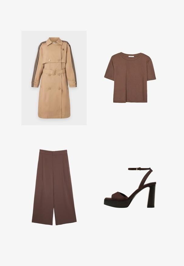 Beżowy trencz z podwójnym rzędem guzików, paskiem i czarnymi paskami na rękawach; posiada kołnierz i boczne kieszenie.; Brązowa koszulka z krótkim rękawem, wykonana z miękkiego materiału, z okrągłym dekoltem i luźnym krojem. Brak widocznych wzorów lub akcentów.; Brązowe spodnie o szerokich nogawkach z gładką fakturą, z wysokim stanem i plisami z przodu. Materiał jest lekki i luźno opada.; Brązowe zamszowe sandały na wysokim obcasie z odkrytymi palcami, regulowanym paskiem na kostce i paskowatą podeszwą.