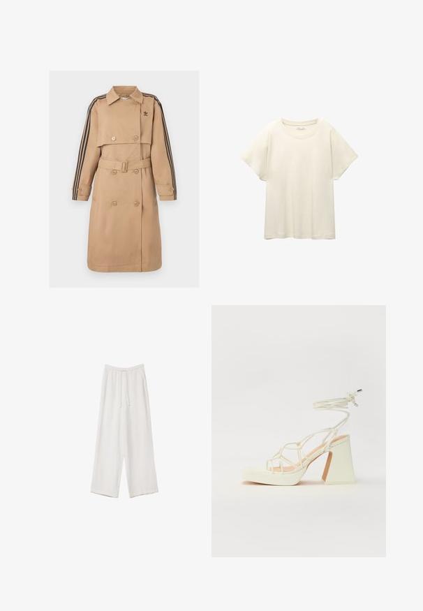 Beżowy trencz z podwójnym rzędem guzików, paskiem i czarnymi paskami na rękawach; posiada kołnierz i boczne kieszenie.; Jasno beżowa, krótko rękawowa koszulka z okrągłym dekoltem, wykonana z miękkiego, gładkiego materiału. Posiada luźny krój i prosty dół.; Białe spodnie o szerokich nogawkach wykonane z lekkiego materiału. Posiadają elastyczny pas z sznurkiem i boczne kieszenie. Gładka tekstura.; Biała sandał na wysokim obcasie z masywnym słupkiem, z paskowym wzorem i wiązaniem przy kostce. Gładka faktura z platformą z przodu dla dodatkowej wysokości.