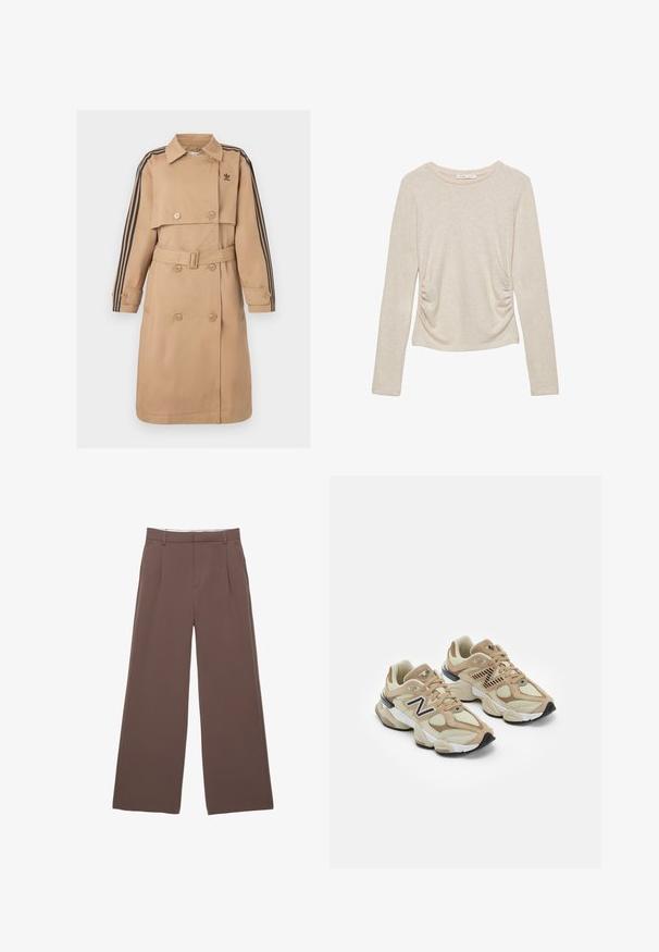 Beżowy trencz z podwójnym rzędem guzików, paskiem i czarnymi paskami na rękawach; posiada kołnierz i boczne kieszenie.; Beżowa bluzka z długim rękawem, okrągłym dekoltem i marszczeniami po bokach, wykonana z miękkiej, teksturowanej tkaniny.; Szerokie spodnie w jednolitym brązowym kolorze, z gładką fakturą, fałdami z przodu i dopasowanym paskiem w talii. Brak widocznych logo lub wzorów.; Beżowe sneakersy z siateczki i zamszu. Zawierają czarne logo i teksturowane akcenty. Gruba biała środkowa podeszwa i czarna gumowa podeszwa.