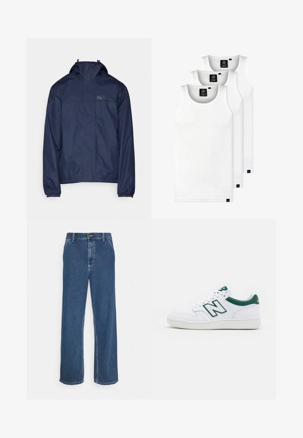 Navy waterproof jacket with a high collar, elastic cuffs, and drawstring hood. Features logo on the upper left chest. Smooth texture.; Three white ribbed tank tops made of cotton. Features a crew neck and small black labels near the hem. Available in multiple sizes.; Blue denim jeans with a straight cut, five-pocket design, metal button closure, and visible stitching along seams and hem.; White sneaker with green accents, leather upper, perforated toe, lace closure, and textured rubber outsole. Features a prominent "N" logo.