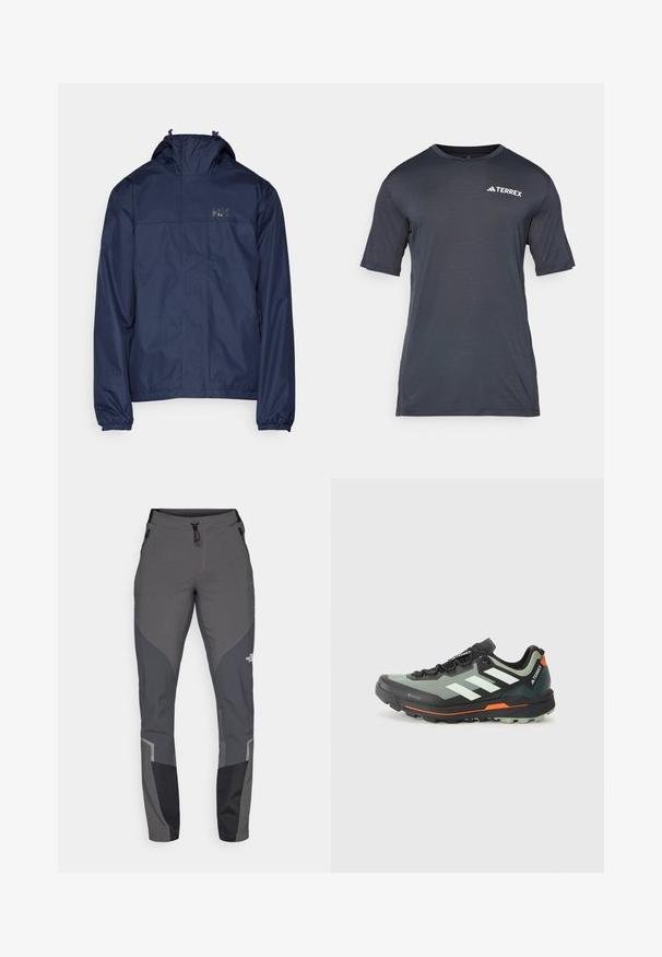 Veste imperméable Navy avec un col montant, des poignets élastiques et une capuche à cordon. Présente un logo sur le haut du côté gauche de la poitrine. Texture lisse.; T-shirt à manches courtes gris foncé, fabriqué à partir d'un matériau léger et respirant. Dispose d'un col rond et d'un logo "TERREX" blanc sur le devant.; Pantalons de randonnée gris avec une coupe fuselée, plusieurs poches et des accents noirs et gris foncé contrastants. Fabriqués en un matériau flexible et durable.; Chaussure de trail légère avec une tige en mesh gris et noir, accents orange et une semelle extérieure robuste pour une bonne traction. Doublure imperméable en Gore-Tex.