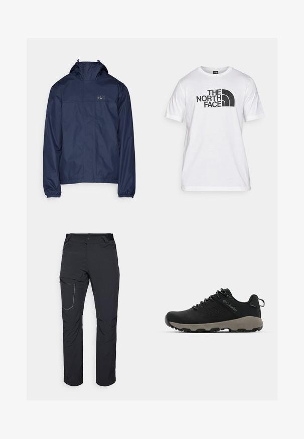 Námorná vodoodolná bunda s vysokým golierom, elastickými manžetami a kapucňou na šnúrku. Obsahuje logo na hornej ľavej strane hrude. Hladká štruktúra.; Biele bavlnené tričko s čiernym grafickým potlačou, ktorá zahŕňa text a zakrivený dizajn loga. Okrúhly výstrih a krátke rukávy. Hladká textúra.; Čierne vonkajšie nohavice s vreckom na stehne so zipsom, elastickým pásom a hladkým, vodoodolným materiálom. Čistý dizajn bez viditeľných log. ; Čierne turistické topánky s hladkým zvrškom, perforovaným dizajnom, šedou podrážkou a vystuženým pätou. Obsahujú šnúrky a pútko pre jednoduché obúvanie.