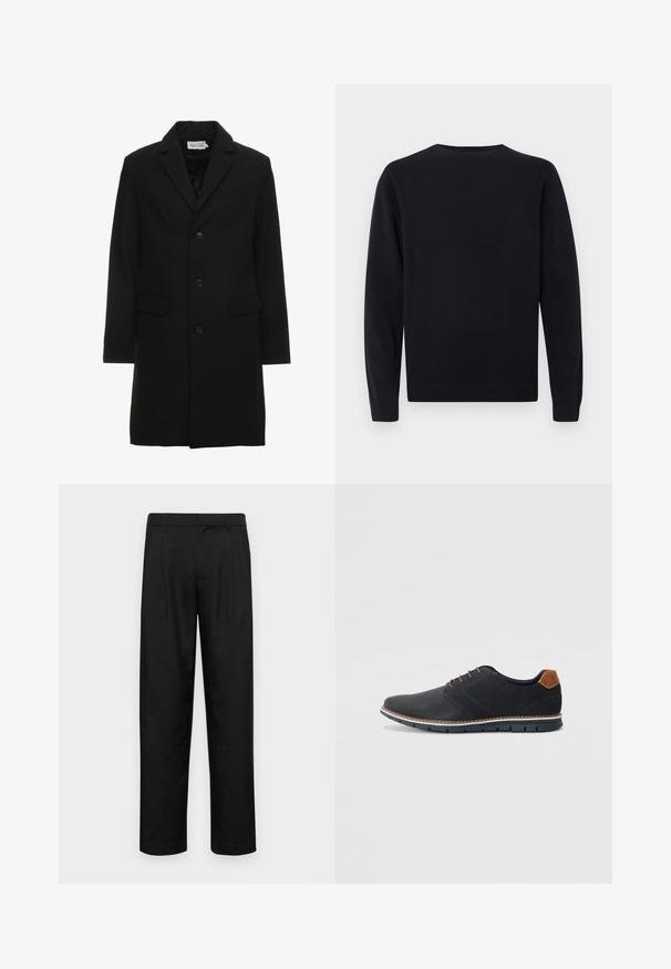 Casaco sobre preto em mistura de lã, com lapela cortada, fecho de botão de um só lado, dois bolsos frontais e uma silhueta elegante e ajustada.; Sweater preto de mangas longas com decote redondo, com punhos e bainha canelados, exibido em fundo branco liso.; Calças pretas feitas de tecido suave, com um design de perna reta, dois pregas frontais e uma cintura padrão com passantes para cinto.; Sapatos sintéticos pretos com um upper texturizado, pormenores lisos, salto castanho e uma sola contrastante. Apresentam um sistema de atacadores mínimo e detalhes de costura.