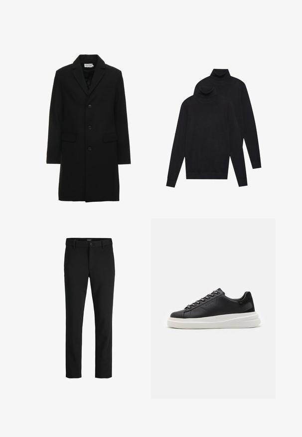 Palton din amestec de lână neagră, cu rever în două colțuri, închidere cu un singur nasture, două buzunare frontale și o siluetă elegantă, ajustată.; Două pulovere negre cu mânecă lungă și guler înalt, tricotate simplu, așezate unul peste altul, cu unul puțin mai în spate decât celălalt, pe un fundal alb.; Pantaloni negri dintr-un material sleek, cu un design clasic, croială dreaptă, închidere frontală cu nasture și buzunare laterale.; Sneaker din piele neagră cu o talpă din cauciuc alb, cu șireturi plate și eyelets marcate. Textură moale cu un accent lateral contrastant.